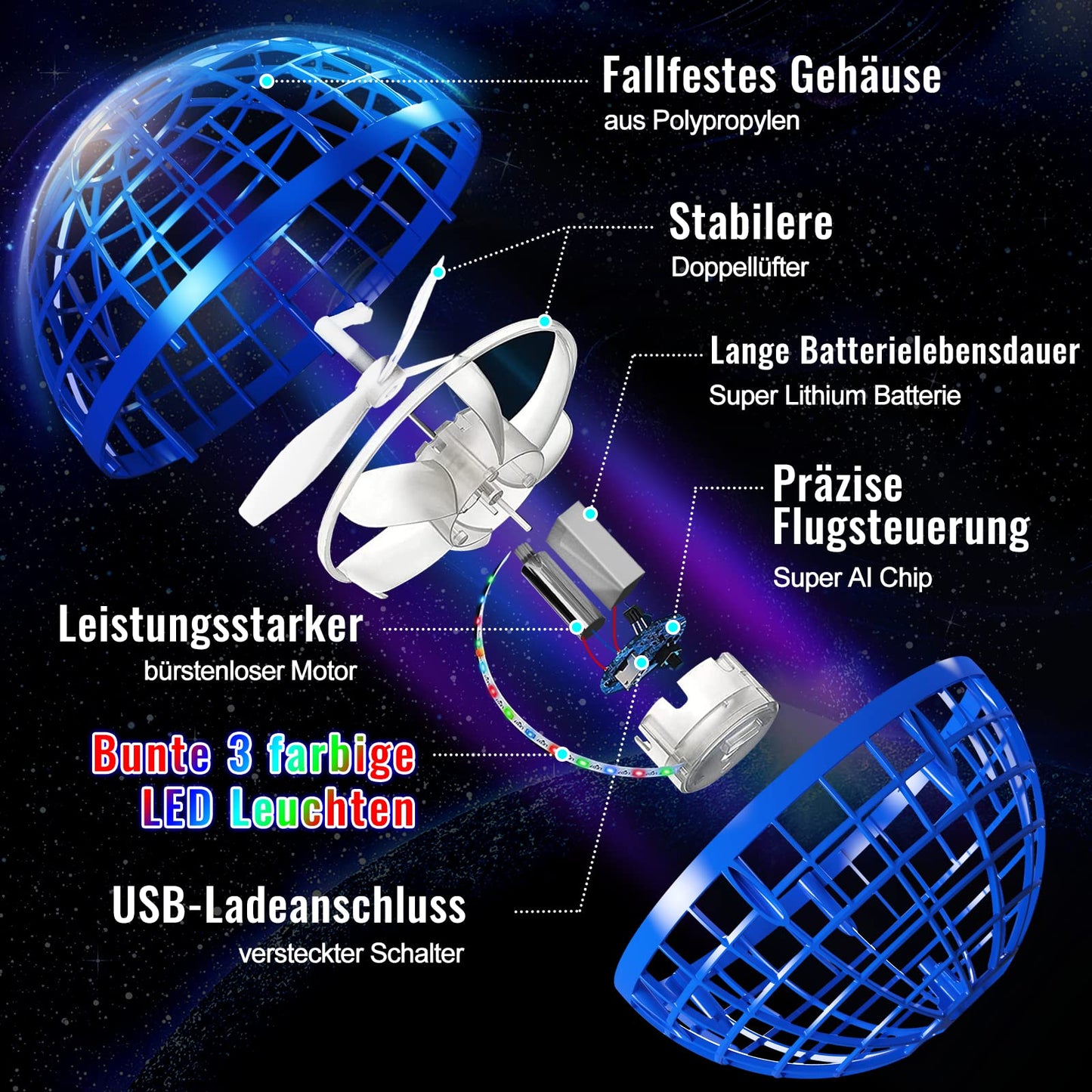 Small Flying Ball, orbi Boomerang Ball, kids toy for ages 6 and up with LED light, Hand Controlled Hover Ball gifts for boys and girls aged 6-12.