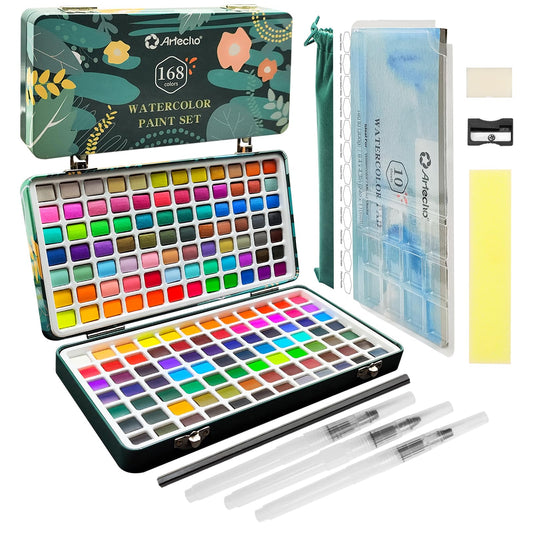 Artecho watercolor paint set 168 colors in portable box, with brush and watercolor paper, watercolor for travel, watercolors for artists and hobby painters.