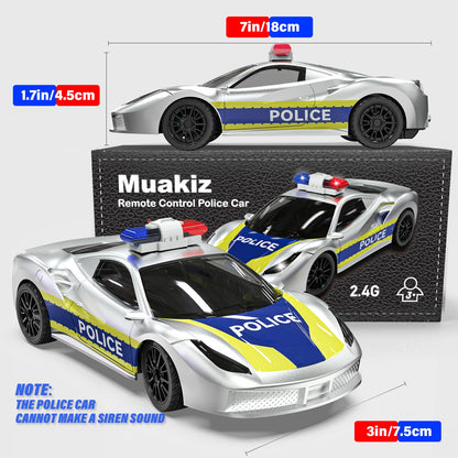 Muakiz Remote Control Car for 3 4 5 6+ Years Old, 2.4G RC Police Car Toy with Remote Control for Boys Girls Kids Toy with Rechargeable Battery & Police Light RC Cars Toy, Silver