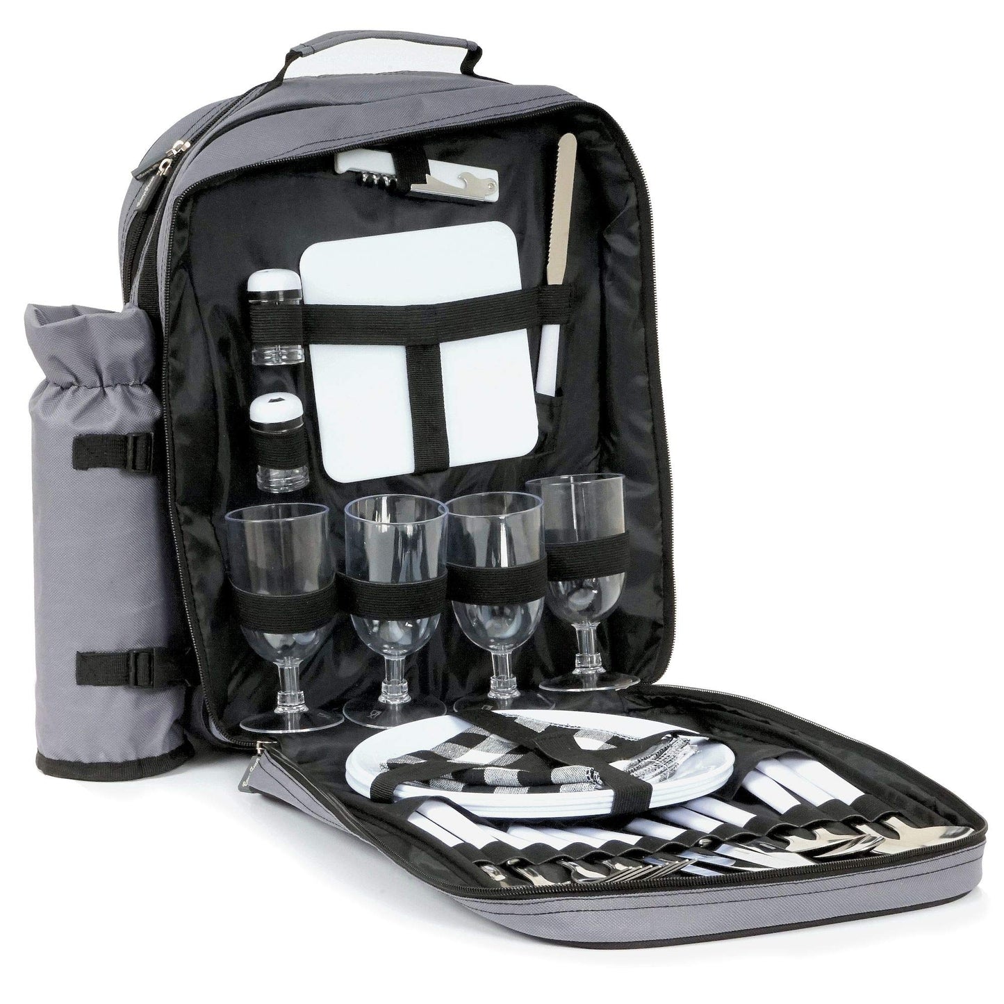 Campfire picnic backpack for 4 people | Gray | 31-piece picnic set | includes bottle holder, large cooler compartment, dishes, and cutlery