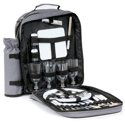 Campfire picnic backpack for 4 people | Gray | 31-piece picnic set | includes bottle holder, large cooler compartment, dishes, and cutlery