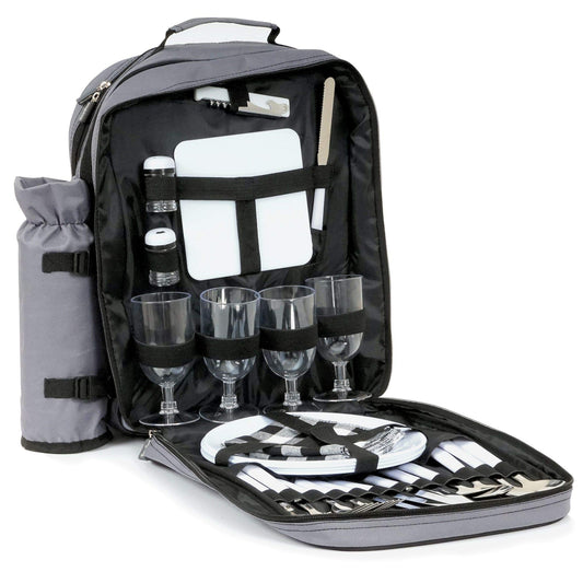 Campfire picnic backpack for 4 people | Gray | 31-piece picnic set | includes bottle holder, large cooler compartment, dishes, and cutlery