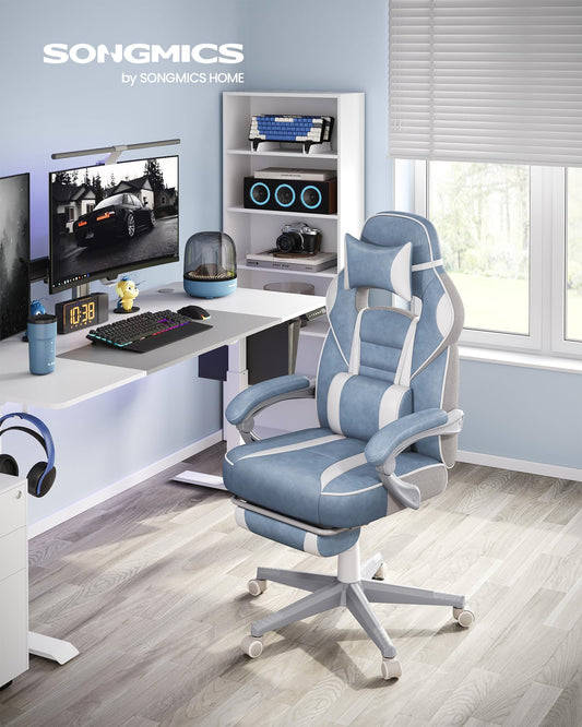 SONGMICS Office Chair with extendable footrest, headrest, lumbar support, adjustable height, ergonomic design, tiltable backrest, and weight capacity up to 330 lbs, sea blue-cream white OBG073Q01.