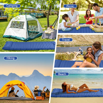 HiiPeak self-inflating camping mat 12cm thick with integrated pillow. Outdoor sleeping pad with small pack size and foot pump, inflatable air cells for high camping comfort.