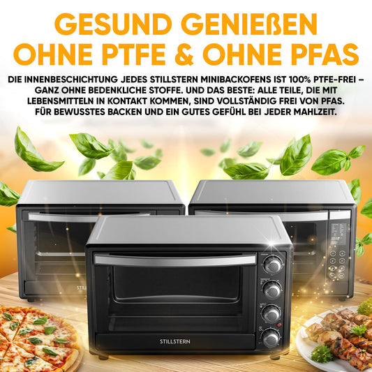Stillstern Mini Oven with Fan 45L (DE vers) Pizza Ø32, CYCLONE PRO+ non-stick coat, 13 progs, defrost&keep warm, 8h timer, Camping Mini Oven with Fan Pizza Oven Mini Oven small Chicken Grill