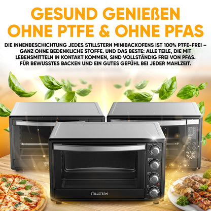 Stillstern Mini Oven with Fan 60L (DE Version) Pizza Ø40, CYCLONE PRO+ Non-Stick Coating, Defrost, 2h Timer, Camping Mini Fan Oven Pizza Oven Mini Oven Small Rotisserie Chicken Grill with Rotisserie.