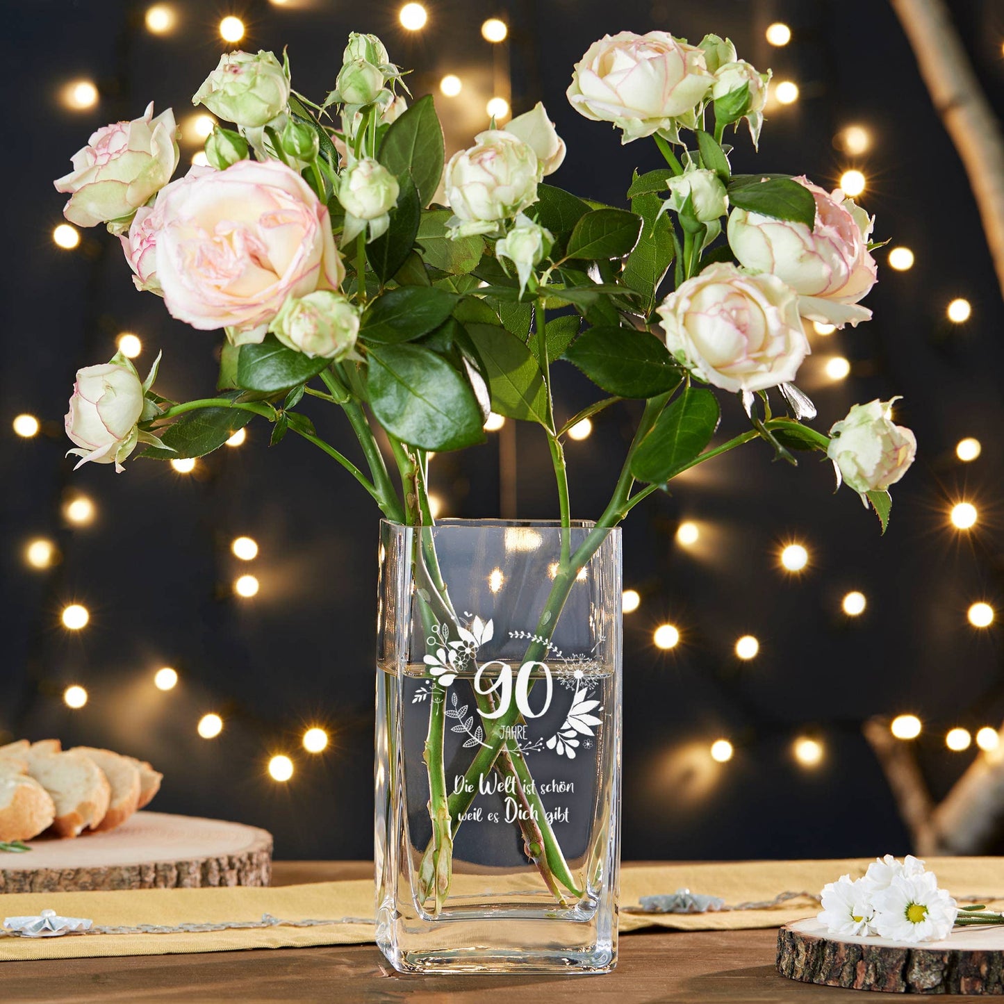Casa Vivente vase for 90th birthday with sweet engraving. Square glass vase with age and saying as birthday gift for women. Flower vase for modern decoration.