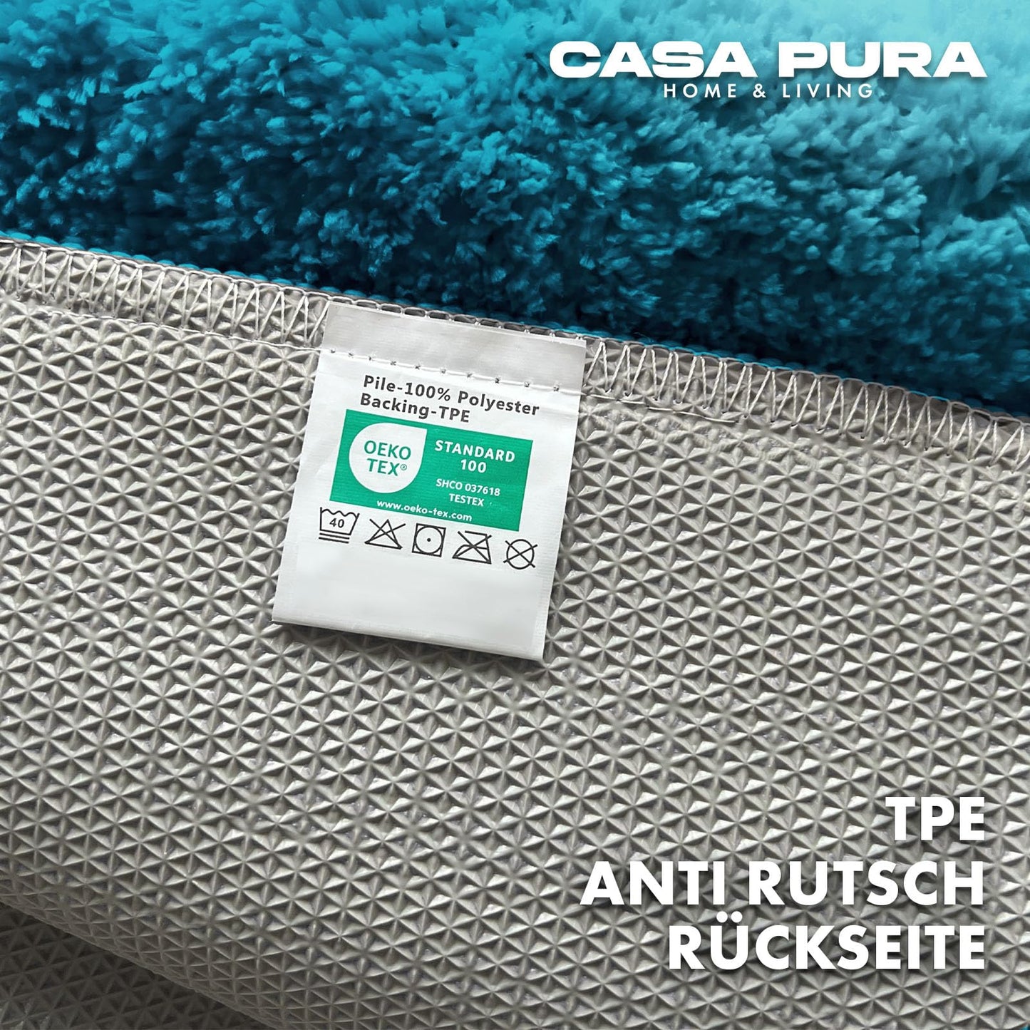 casa pura turquoise bath mat soft, fluffy bathroom rug in shaggy look, non-slip washable bath mat - shower mat, carpet floor mat for bathroom, shower 60x100 cm, Sky Soft