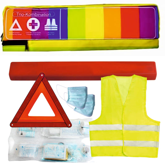 VZL vehicle accessories combo bag first aid kit for cars 2025 approved by TÜV, including warning triangle and safety vests - car first aid kit including first aid set for cars 2025 (colorful)