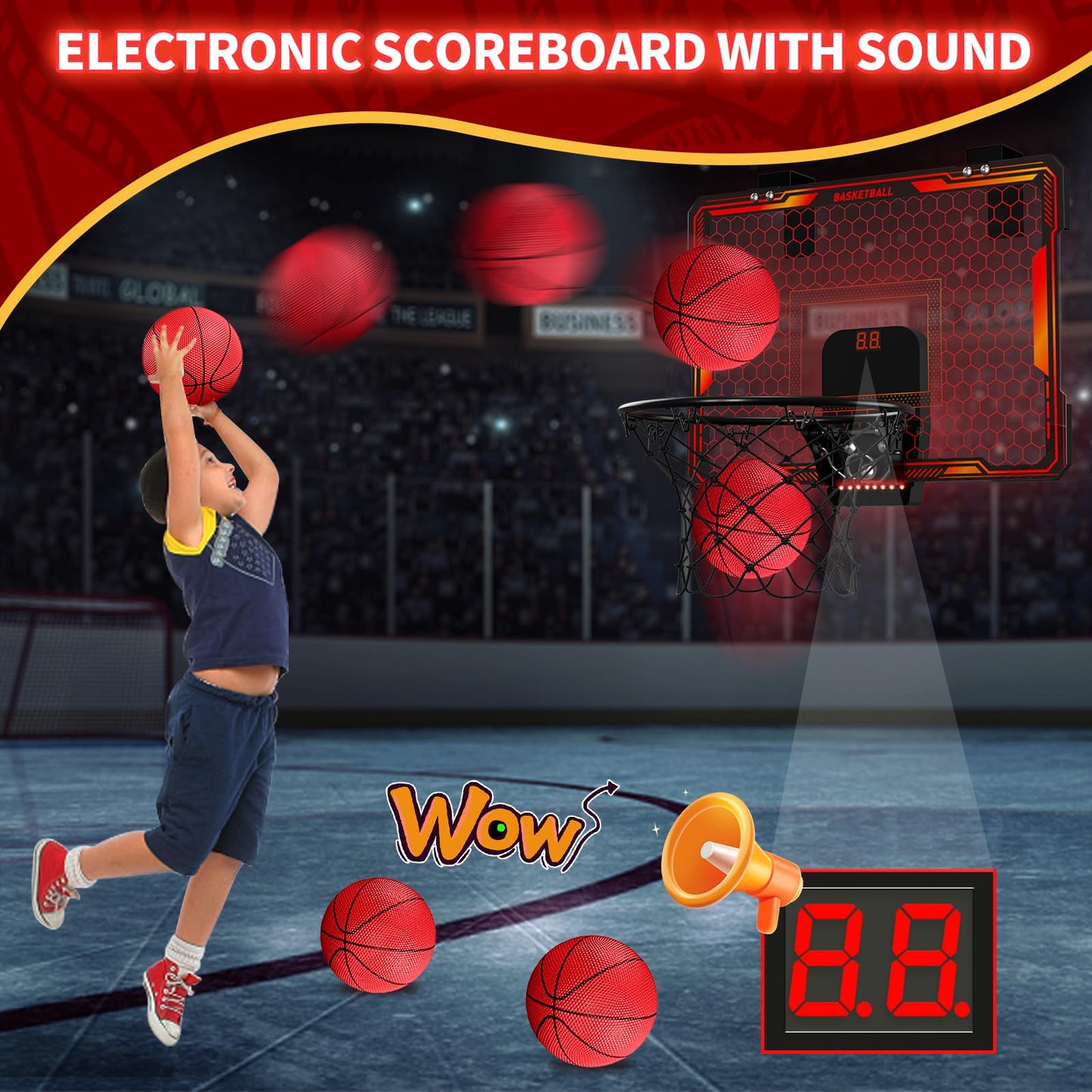 HYES Mini Basketball Hoop with 7 Lights for Kids, 3 Modes, Electronic Scoreboard, 3 Balls, Pump, Indoor Outdoor Sports Toy, Red