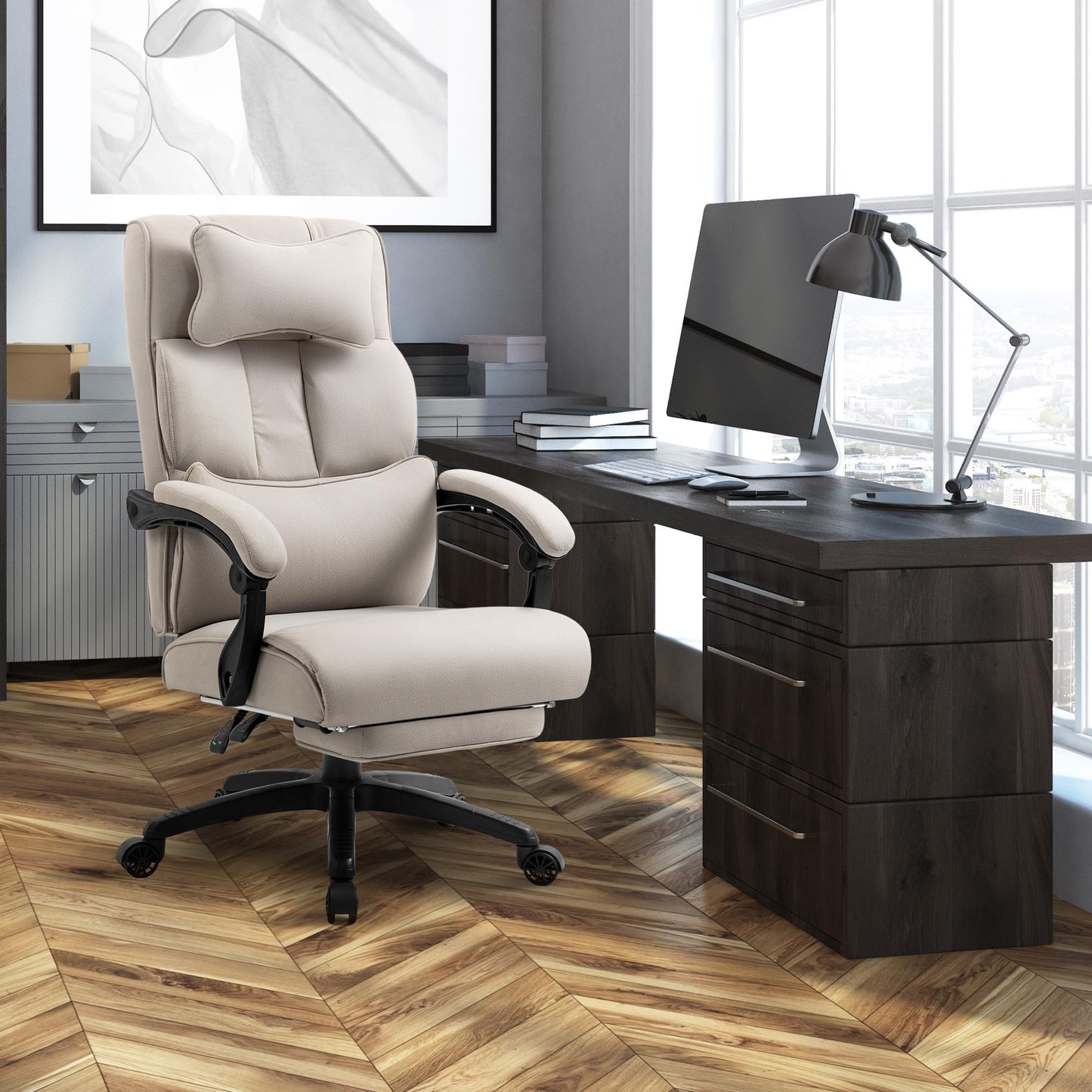 Dowinx ergonomic office chair with footrest and padded armrest, ergonomic fabric office chair, swivel computer chair with high backrest, adjustable height office chair 150 KG beige.