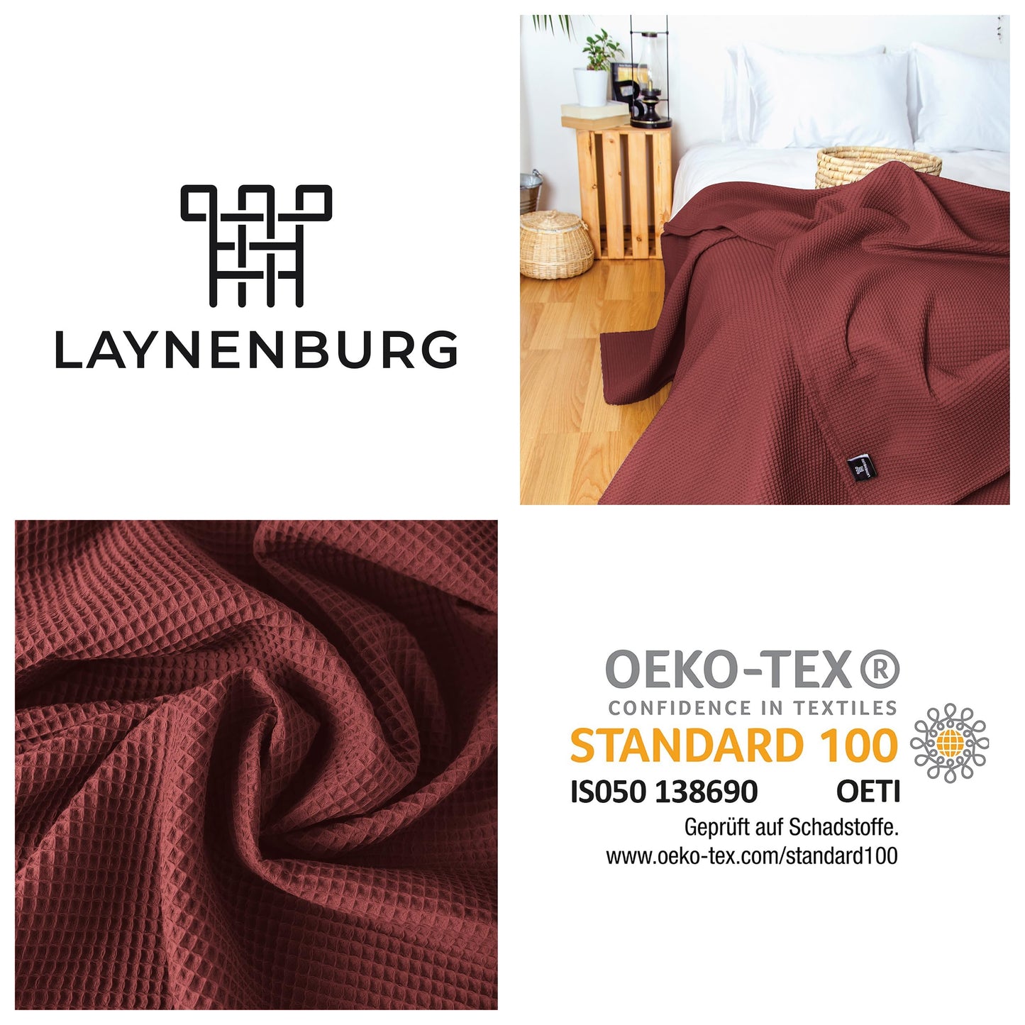 LAYNENBURG Premium daybed 240 x 260 cm XXL - waffle pique 100% cotton - light summer cover waffle pattern - cotton bed throw, sofa throw, couch throw - sofa blanket (mahogany)