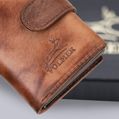 Fa.Volmer ® POP-UP card holder made of genuine leather with/without coin pocket for men & women | up to 11 cards | RFID protection | wallet VO24/31 (Zip Brown)