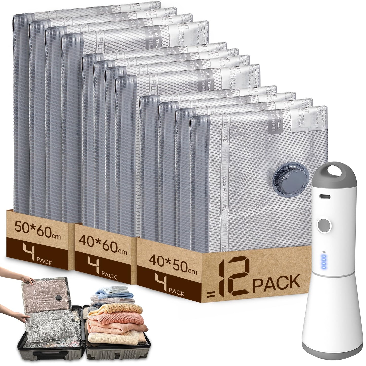 Vacbird Vacuum Bags for Clothes with Cordless Vacuum Pump, 12 Pieces (4x 40x50cm, 4x 40x60cm, 4x 50x60cm), Reusable Vacuum Sealer Bags Clothing Suitable for Travel, Daily Storage