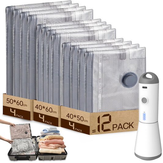Vacbird Vacuum Bags for Clothes with Cordless Vacuum Pump, 12 Pieces (4x 40x50cm, 4x 40x60cm, 4x 50x60cm), Reusable Vacuum Sealer Bags Clothing Suitable for Travel, Daily Storage