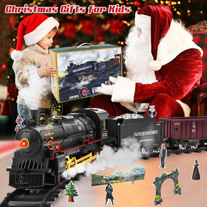 Ulikey Electric Train Set for Kids, Electric Train Toy with Sounds and Light, Steam Locomotive Train with Smoke, Rechargeable Classic Remote Control Trains for Boys 4 5 6 7 8 9 10