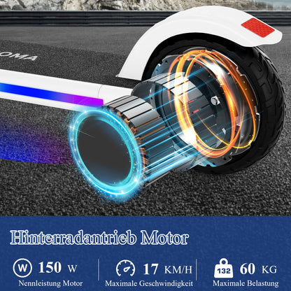 Caroma electric scooter for kids aged 8-12, 150W motor, 16 km/h, 60 min ride time, Adjustable speed & height, Colorful lights, LED display, Foldable kids electric scooter.