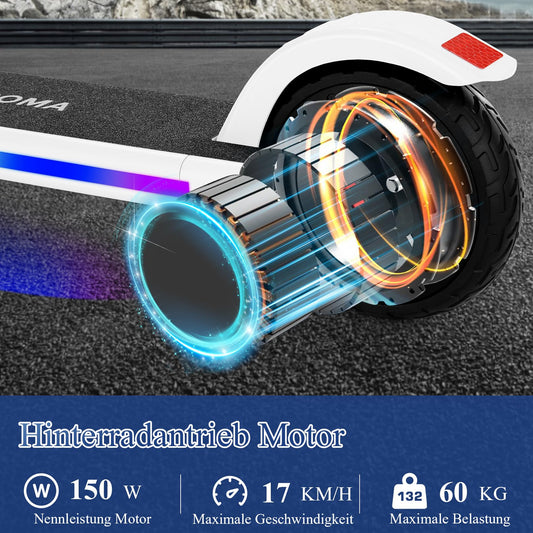 Caroma electric scooter for kids aged 8-12, 150W motor, 16 km/h, 60 min ride time, Adjustable speed & height, Colorful lights, LED display, Foldable kids electric scooter.
