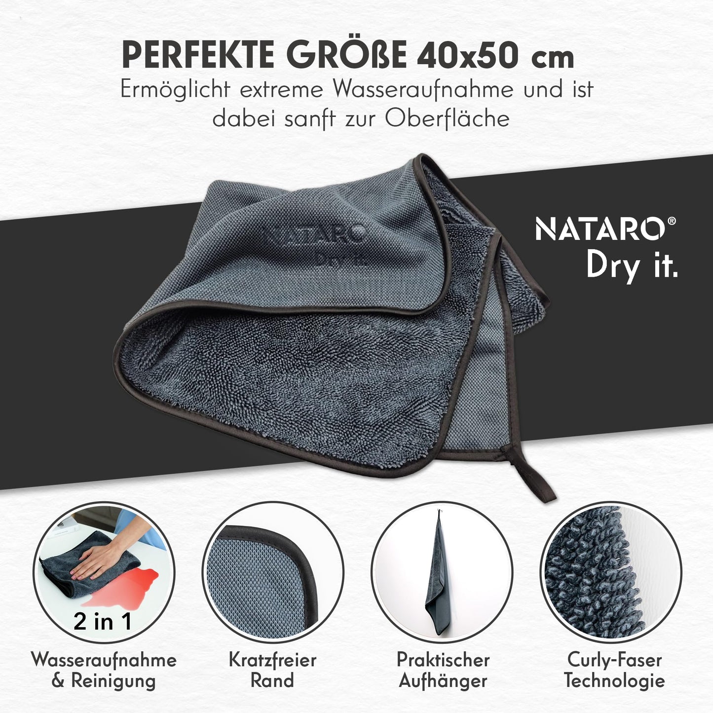NATARO® 4 Pack Fast Dry it. Premium drying cloth for shower, car, household, camping - THE ORIGINAL - extra absorbent microfiber cloth, lint-free, scratch-free Shiny Wipes towels 40x50cm