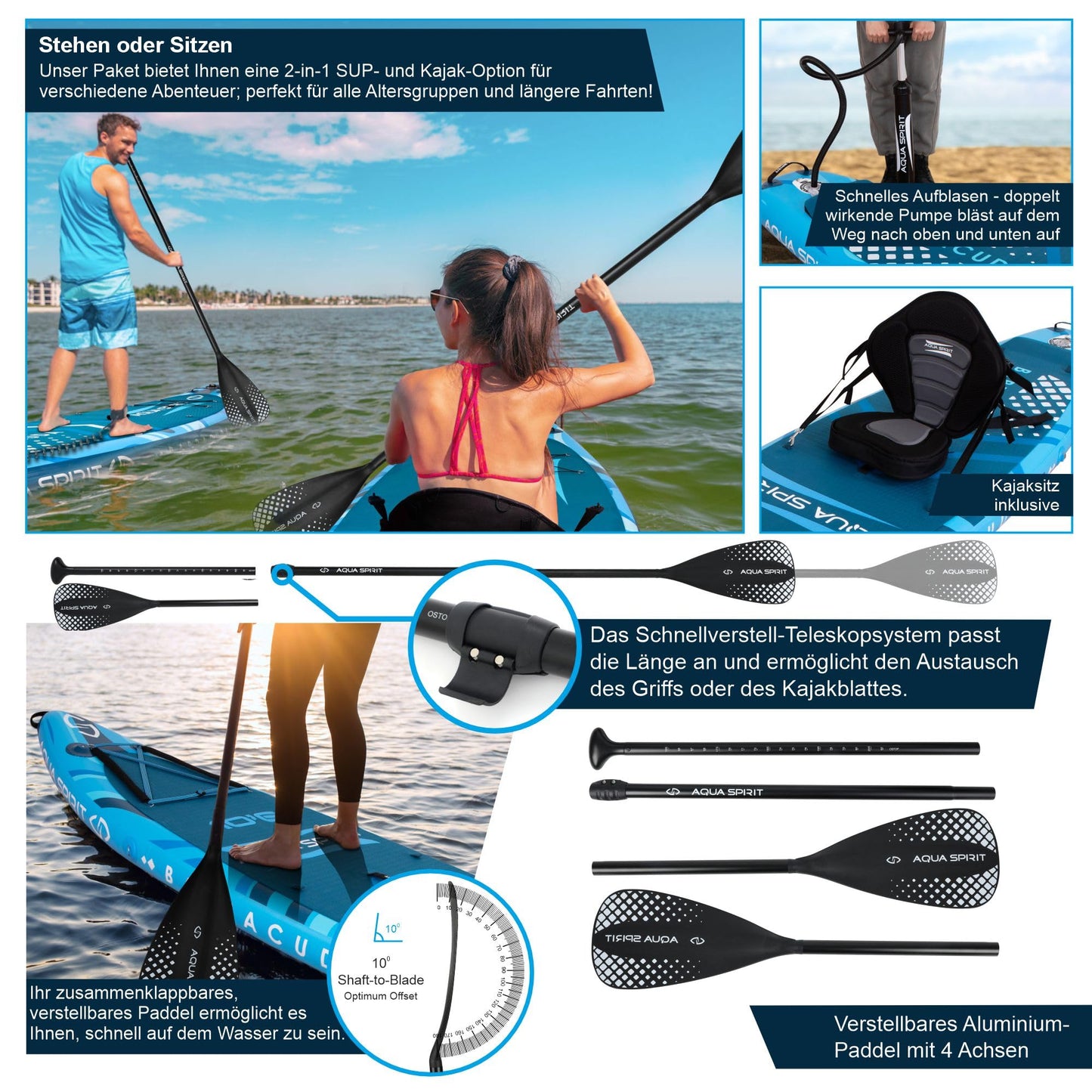 Aqua Spirit SUP Inflatable Stand-Up Paddle Board 2024 | 320x81x15cm | Complete Kayak Conversion Kit with Paddle, Backpack, Pump, and more accessories | Adult Beginners/Experts | 2-year warranty