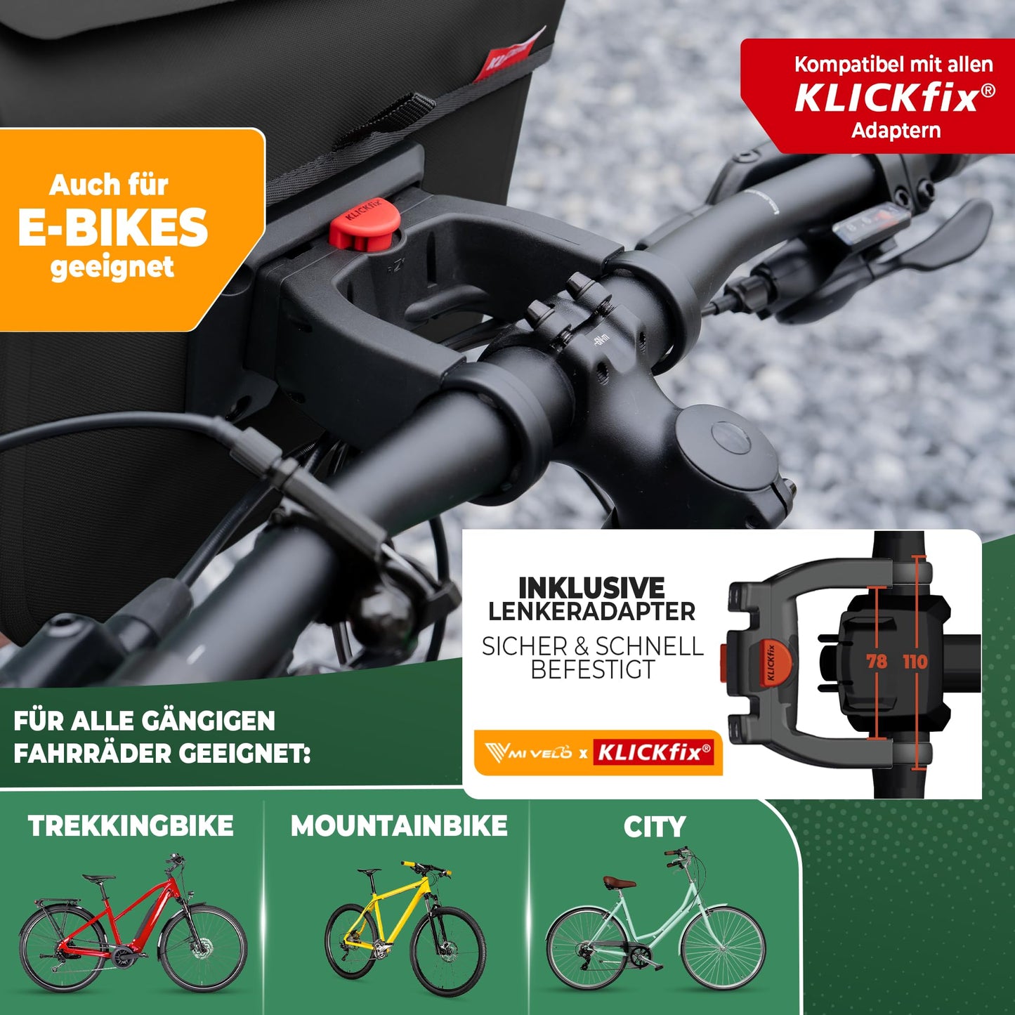 MIVELO Handlebar Bag for KLICKfix incl. Adapter - 100% waterproof - Bike Handlebar Bag - detachable phone pouch - Handlebar Bag - Handlebar Pouch - E-Bike compatible (Black with Adapter)