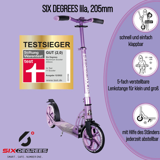 Six Degrees aluminum scooter with folding mechanism and stand, 205mm, adjustable height, GS approved, purple, TEST WINNER
