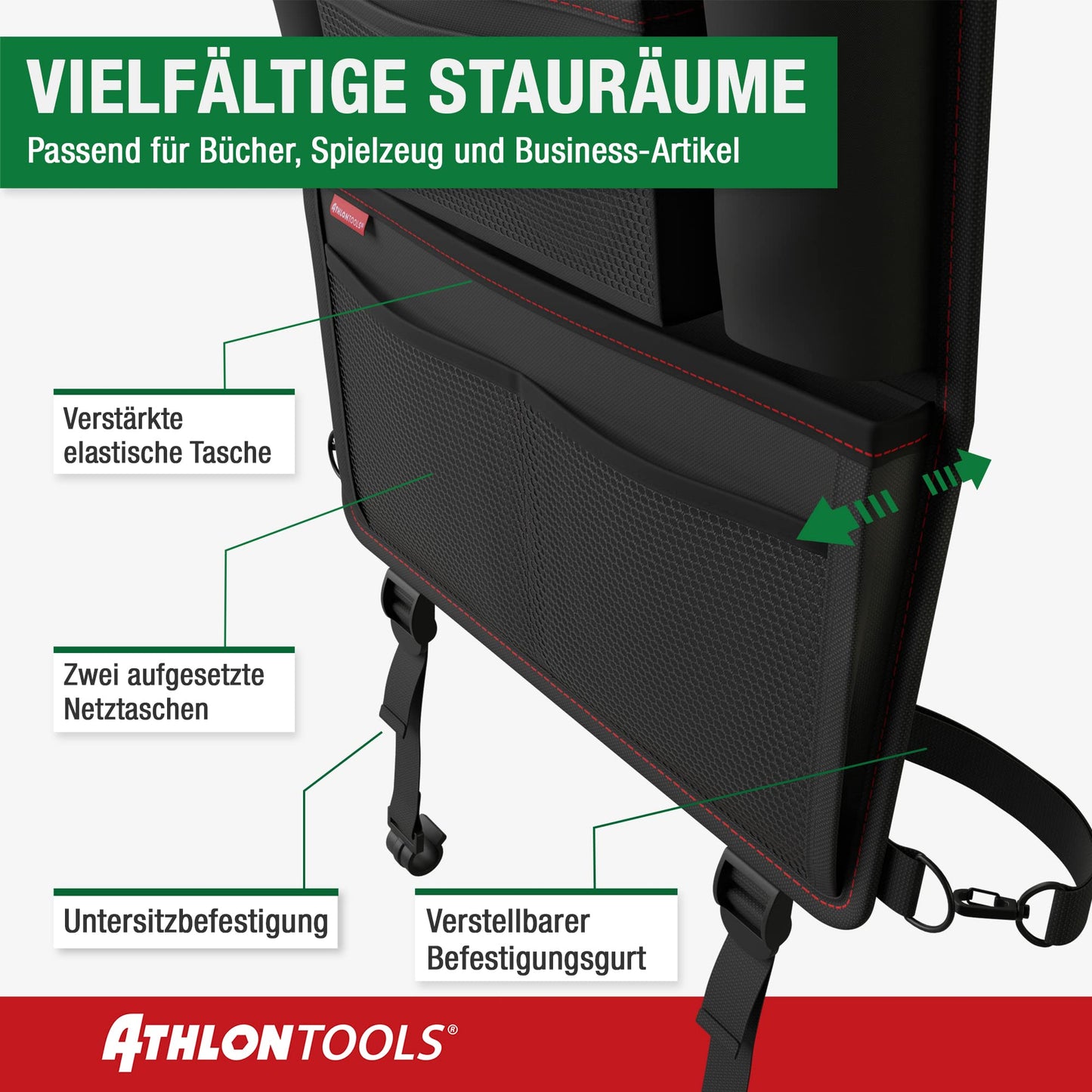 ATHLON TOOLS The most stable car seat organizer - Reinforced back panel - Food-safe - with integrated tablet holder - with extra pen pocket - for business and children - Designed in Hamburg