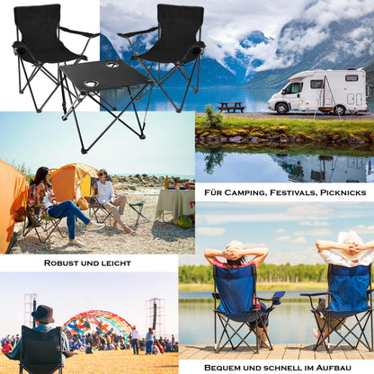 BigDean 2 piece camping chairs & folding camping table in black - table with chairs included - folding chair with table - portable table with chairs