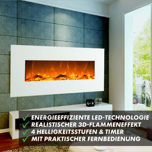 GLOW FIRE electric fireplace with heating and fireplace (wall fireplace) - electric fireplace with LED light, heater, decoration & remote control - for wall mounting, max. 1500 W - White, 126 cm