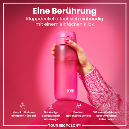 ion8 water bottle, 750ml, leak-proof, one-handed opening, secure lock, dishwasher safe, BPA-free, carry handle, flip lid, ergonomic grip, easy to clean, climate neutral, pink