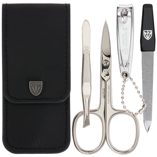 THREE SWORDS - 4-piece Nail Care Set 'Capri' | High-quality nail case for manicure and pedicure. Color: Genuine Leather Black | Contents: Nail scissors, nail clipper, tweezers, sapphire nail file