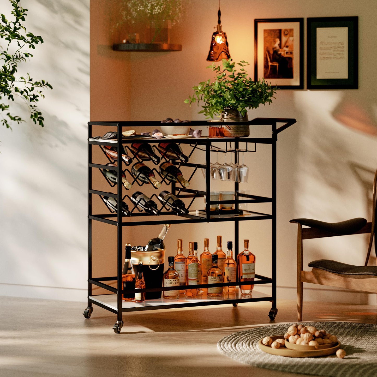 DAWNYIELD 3-tier mobile wine cart, bar serving cart on wheels with wine and glass shelves, modern rolling wine storage cart for kitchen home parties (Black)