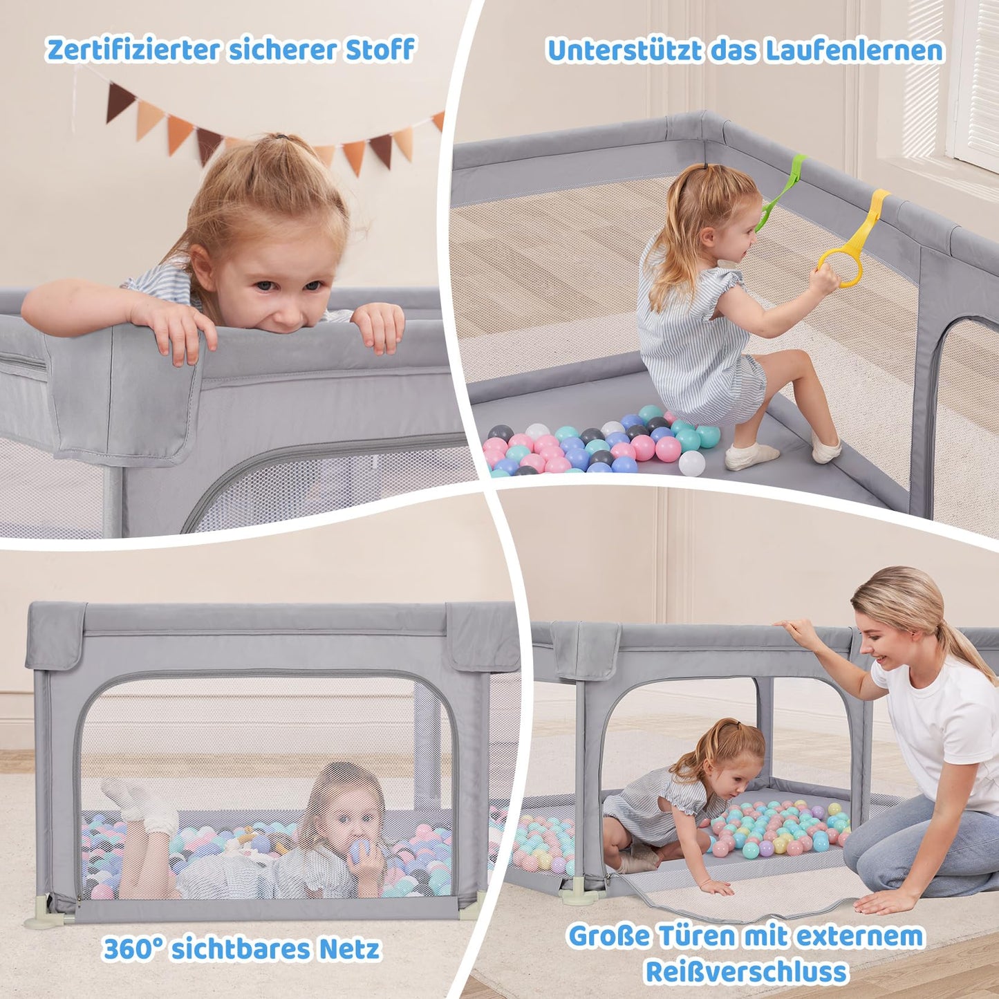 Dripex Playpen Baby 150x200cm, Playard Baby, Playpen with breathable mesh, Playard 300D Oxford Fabric, Playpen, baby playpen, Large Safety Playground, Gray