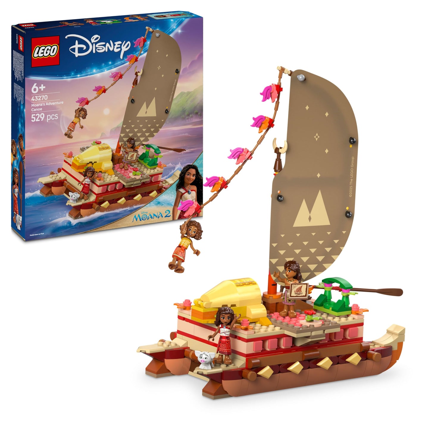 LEGO | Disney Moana 2: Moana's Adventure Raft - Toy boat with fabric sail, removable deck, campfire & 3 minifigures, including Loto and Moni – Gift for girls aged 6+ & fans – 43270