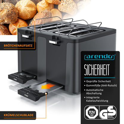 Arendo - 4-Slice Stainless Steel Toaster - with Bun Attachment - 4 Slots - LED Display Countdown Timer - Double-Wall Housing - Defrost Function - Crumb Tray - 6 Browning Levels - Cool Grey Design