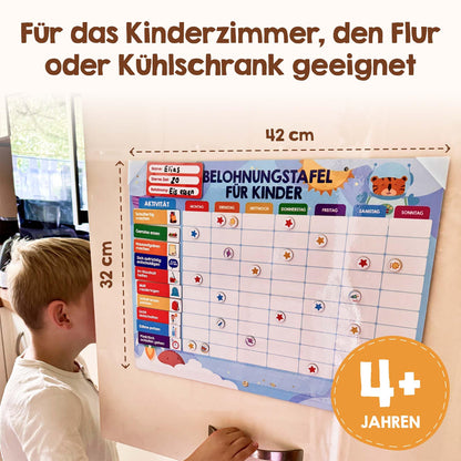 Reward chart for kids - [100 tasks + 350 magnets] - Reward system for responsibility - Family plan, Montessori magnetic board, weekly planner, ADHD tool - includes bag, pen (dinosaur)