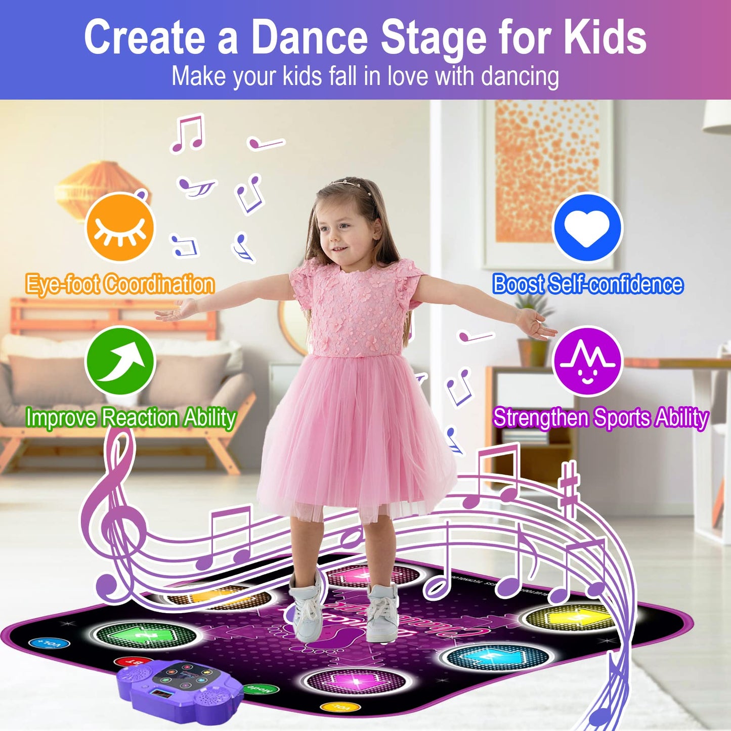 Aucrsozk Kids Dance Mats for 3 4 5 6 7 8+ Years Old with Bluetooth, Music Dance Mat with 6 LED Light Arrows for Girls, Electronic Dance Mat Toys with Anti-Slip Material.
