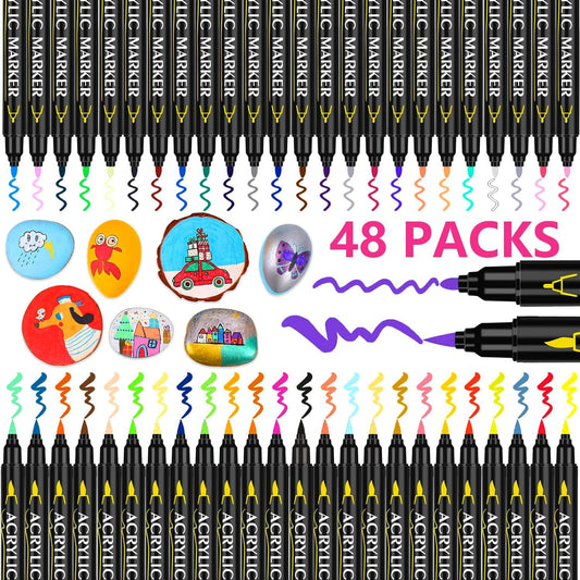 48 Acrylic Paint Pens for Rocks Waterproof, Acrylic Marker Color Marker for Glass Stone Wood Ceramic, Dual Tip Acrylic Pens with Fine and Brush Tip for Adults Kids
