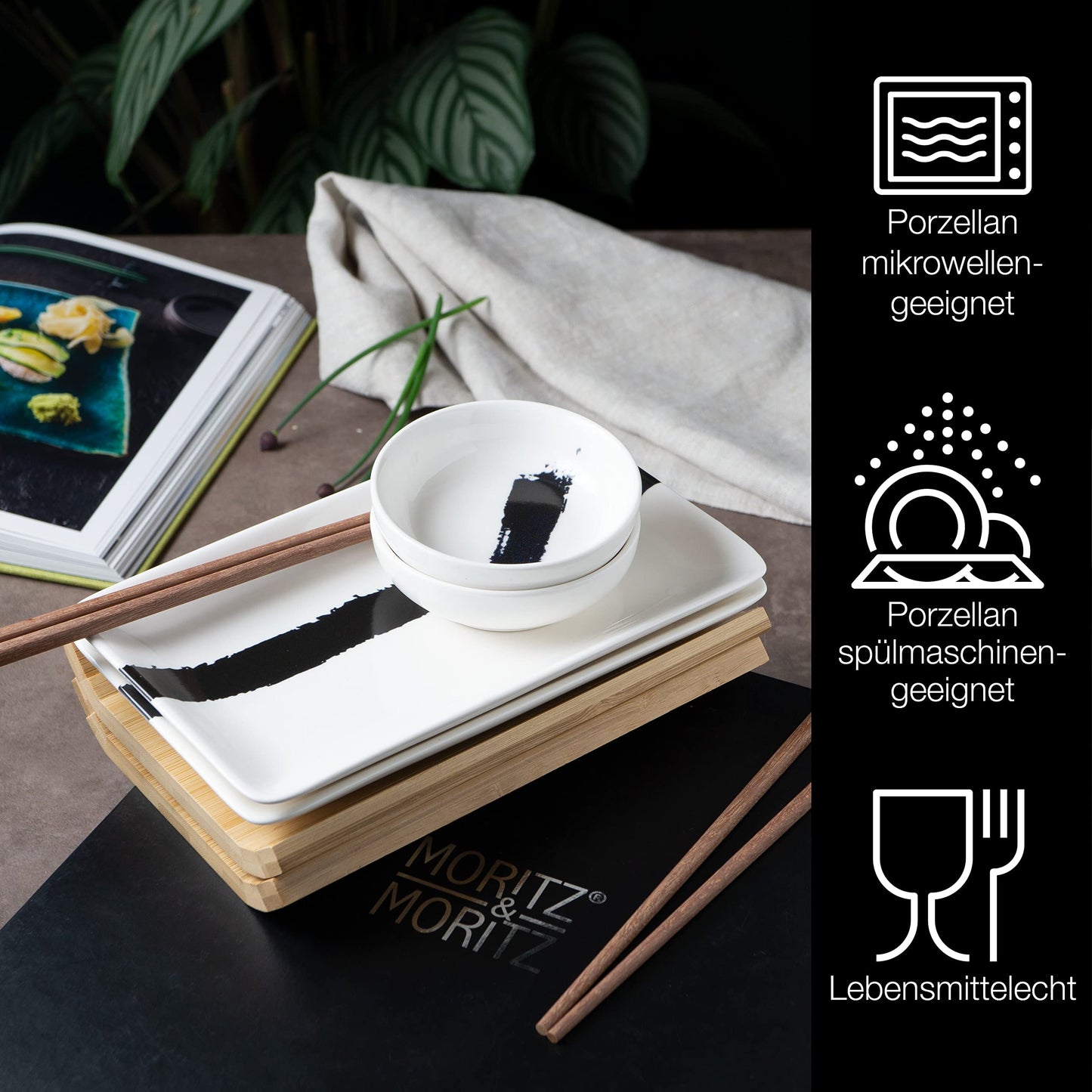 Moritz & Moritz 8-piece sushi tableware set for 2 people - sushi serving set with 2 sushi plates, dip bowls, and chopsticks.