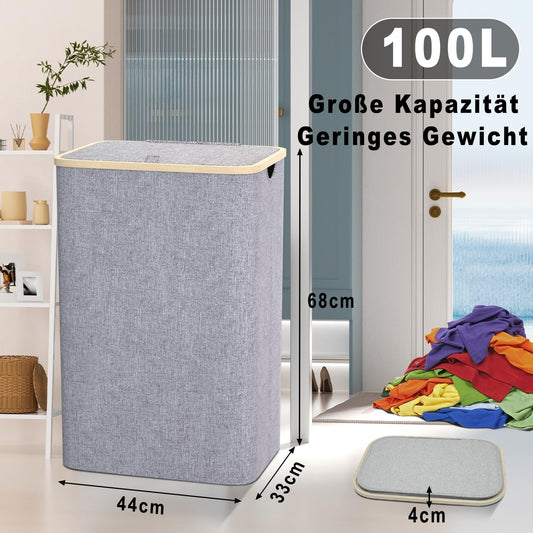 Laundry basket with lid 100L, large slim laundry collector with removable laundry bag Laundry baskets laundry cabinet laundry chest laundry bin for dirty laundry Gray