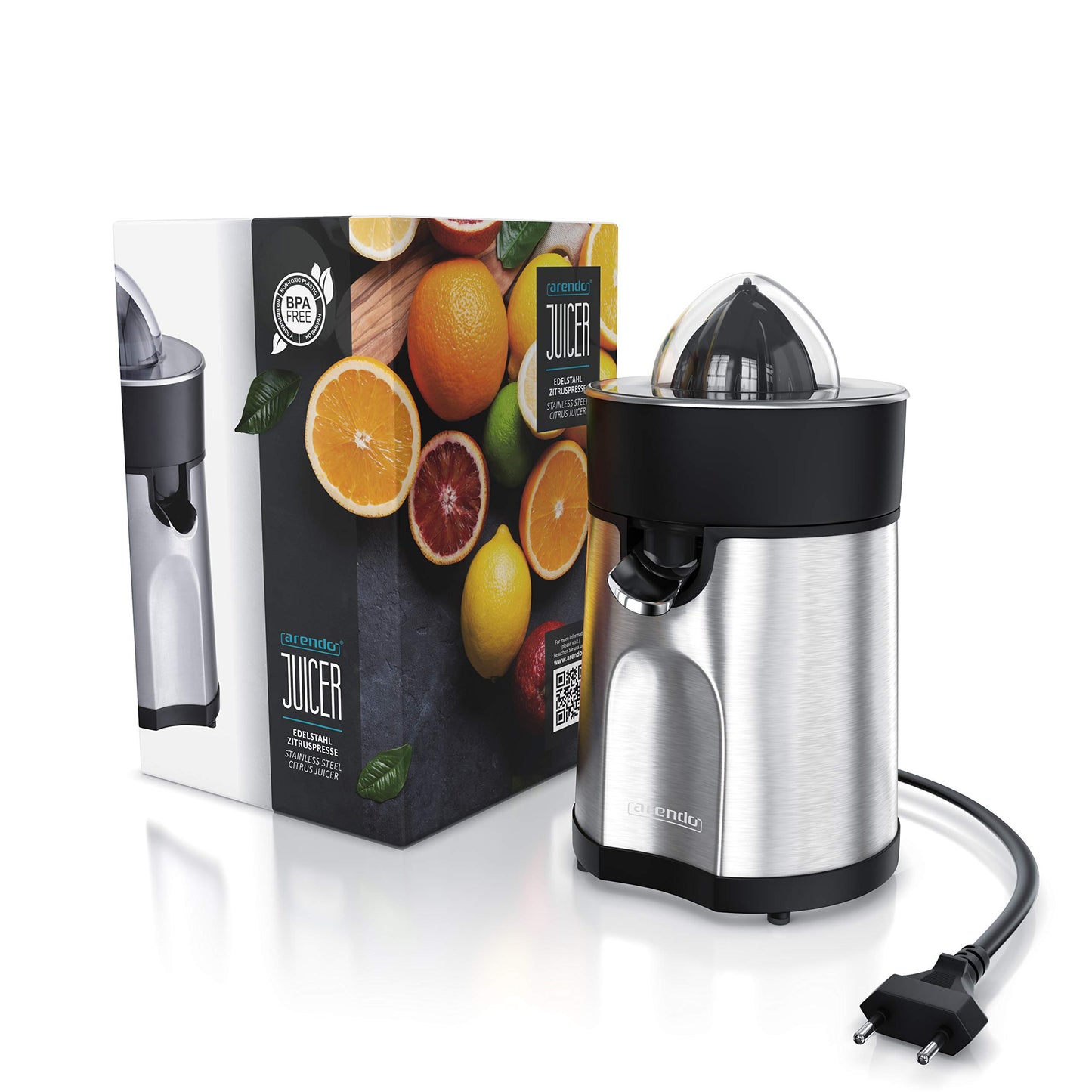 Arendo - electric orange juicer & citrus press stainless steel - juice container 200 ml - start-stop automatic - with 2 press cones - including clear hood - GS tested safety.