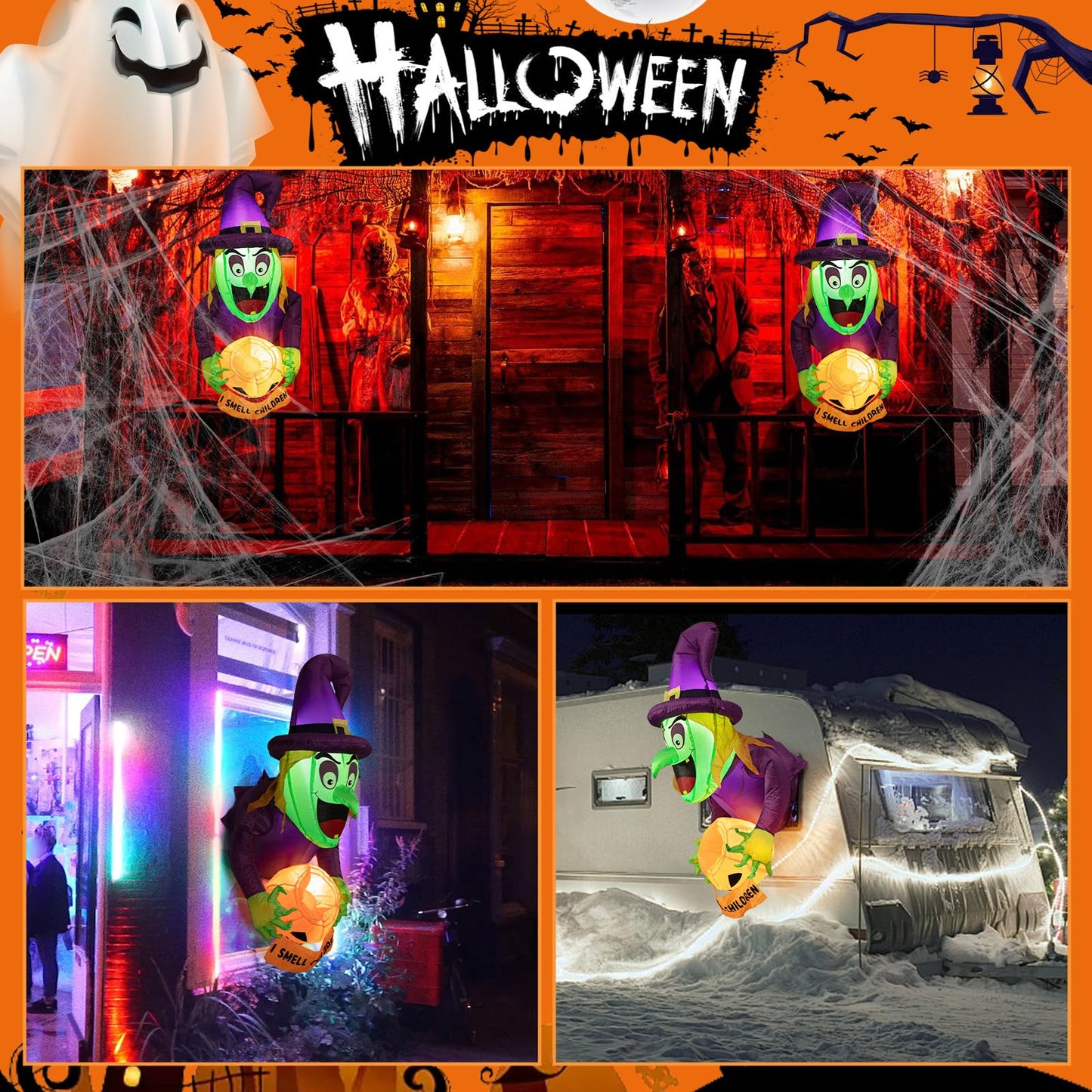 4.5 Ft Halloween inflatable witch, Halloween outdoor window decoration, ghost witches with pumpkin candy jar, built-in LED lights, Halloween inflatable Halloween decoration Garden, outdoor, party.