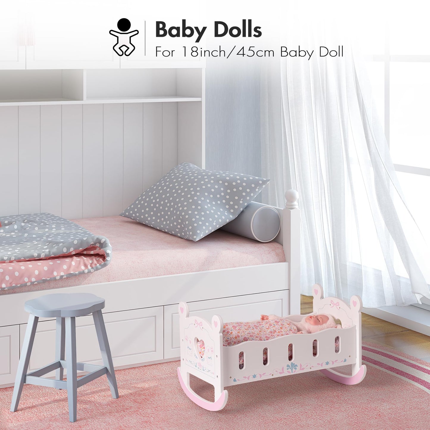 ROBUD wooden doll bed for 45cm dolls, doll cradle with pillow and blanket, suitable for children aged 3 years and up.