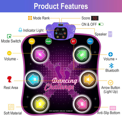 Aucrsozk Kids Dance Mats for 3 4 5 6 7 8+ Years Old with Bluetooth, Music Dance Mat with 6 LED Light Arrows for Girls, Electronic Dance Mat Toys with Anti-Slip Material.