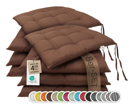 ZOLLNER 8-piece set seat cushions in 40x40cm - comfortable chair cushions with tie straps - washable up to 30°C - in brown - Oeko Tex® certified