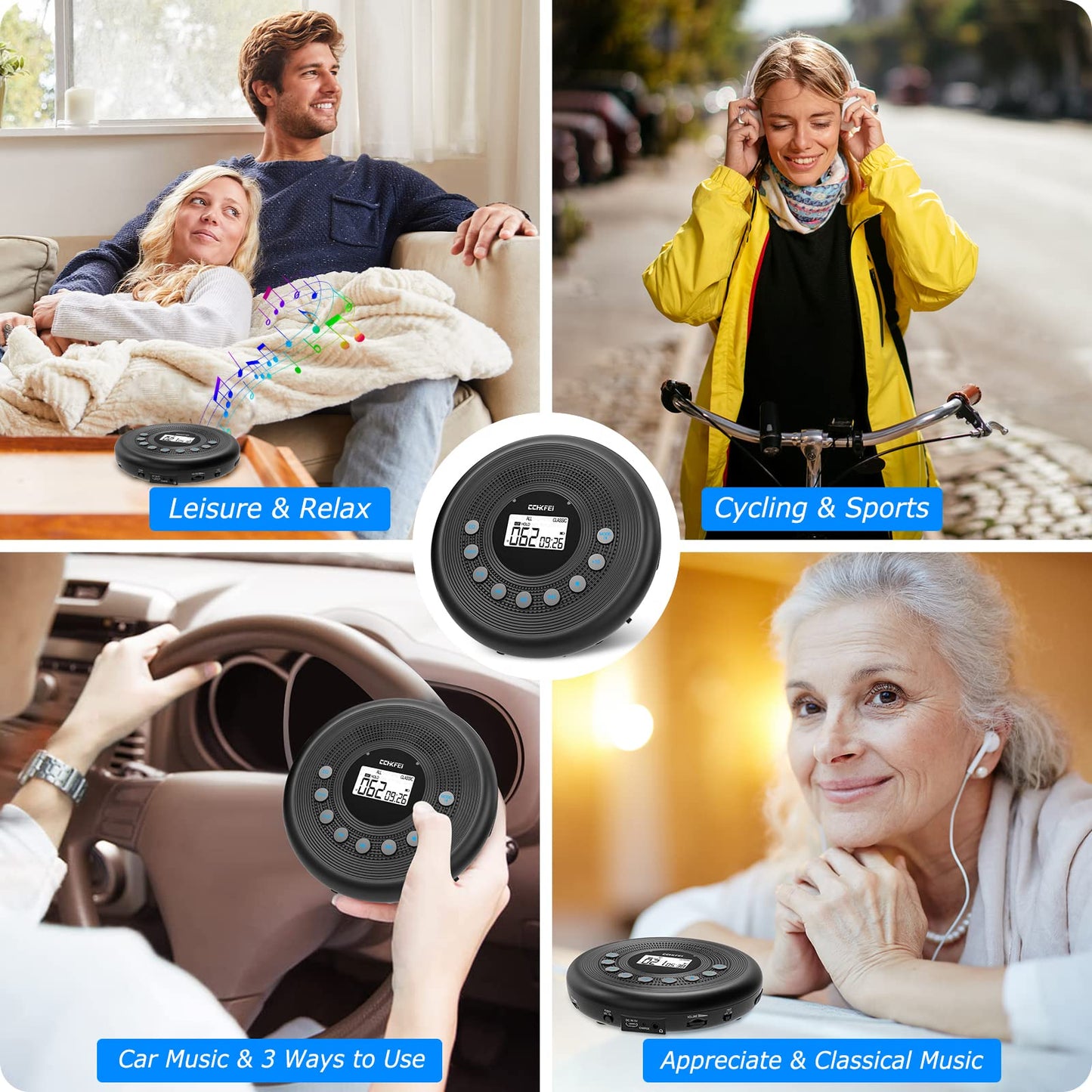 Portable CD Player Bluetooth with speakers, rechargeable 1400mAh portable CD player with shockproof/anti-skip protection, headphones and AUX cable, for car, home & travel.