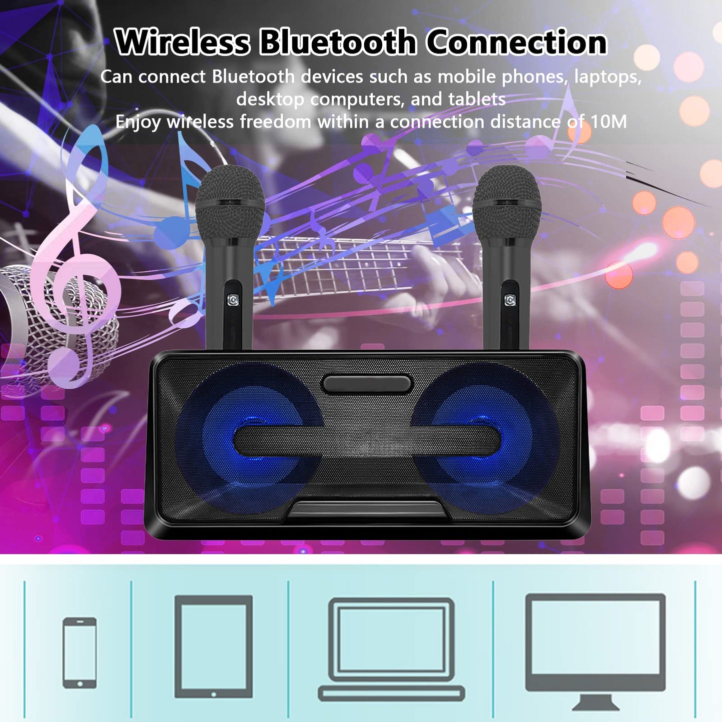 Karaoke Microphone, Portable Karaoke Machine with Bluetooth, 2 Wireless Microphones, Phone Holder, LED Light Effects, Rechargeable for Adults Kids, Supports USB TF AUX.