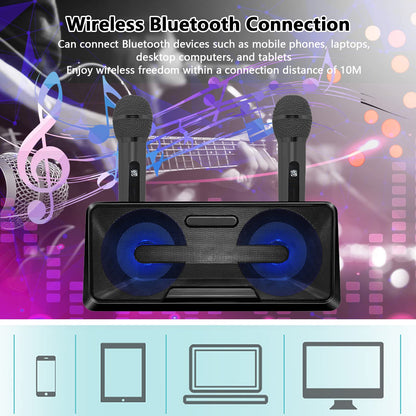 Karaoke Microphone, Portable Karaoke Machine with Bluetooth, 2 Wireless Microphones, Phone Holder, LED Light Effects, Rechargeable for Adults Kids, Supports USB TF AUX.