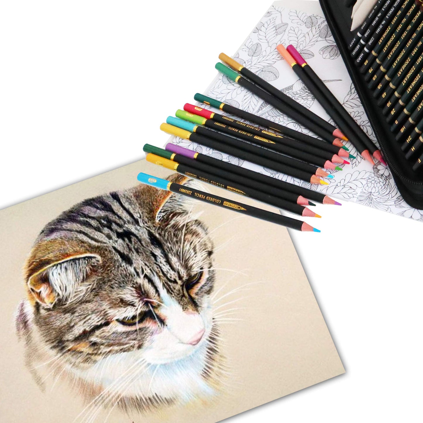 Colored pencils, sketching pencils, and drawing pencils set for sketching and drawing. Professional art set and kit bag with 72 pieces. Set for adult coloring books.
