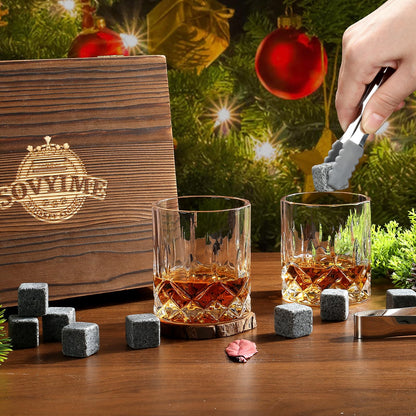 Whiskey Glass Gift Set, Whiskey Stones, Whiskey Gift Sets for Men, 8 Whiskey Stones 2 Crystal Whiskey Glasses Wooden Box Gift, Birthday Gifts for Men, Dad, Husband Valentine's Day (Round)